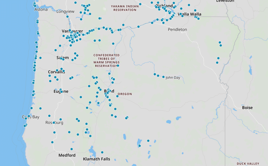 blue dots on map represent earthcaches in Oregon